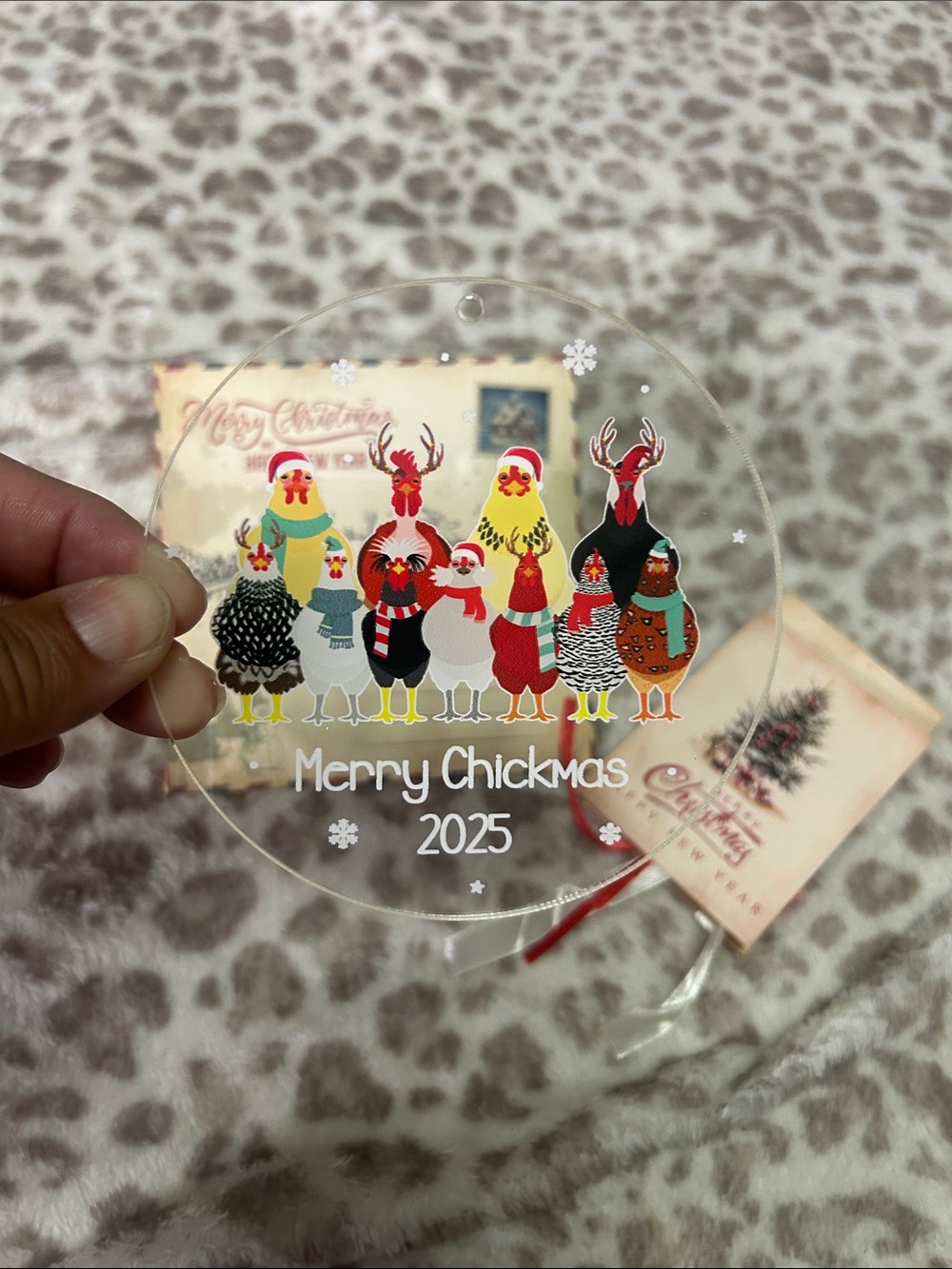Merry Chickmas 2025 Clear Holiday Ornament - Colorful Chickens